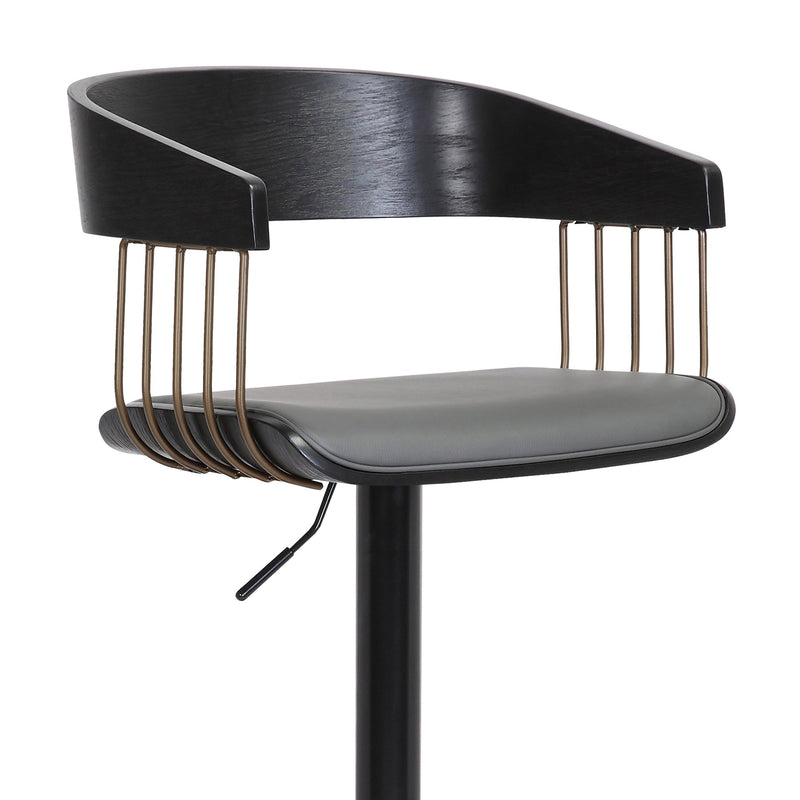 Larisa Adjustable Black Wood Bar Stool in Gray Faux Leather with Golden Bronze and Black Metal - Furniture City (CA)l