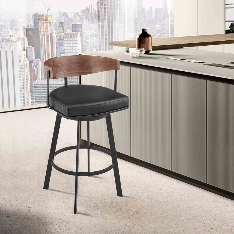 Lacey 26" Swivel Counter Stool in Black Iron with Walnut Finish and Vintage Black Faux Leather - Furniture City (CA)l