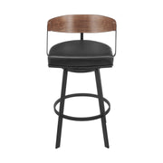 Lacey 26" Swivel Counter Stool in Black Iron with Walnut Finish and Vintage Black Faux Leather - Furniture City (CA)l