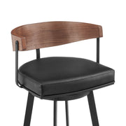 Lacey 26" Swivel Counter Stool in Black Iron with Walnut Finish and Vintage Black Faux Leather - Furniture City (CA)l