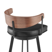 Lacey 26" Swivel Counter Stool in Black Iron with Walnut Finish and Vintage Black Faux Leather - Furniture City (CA)l