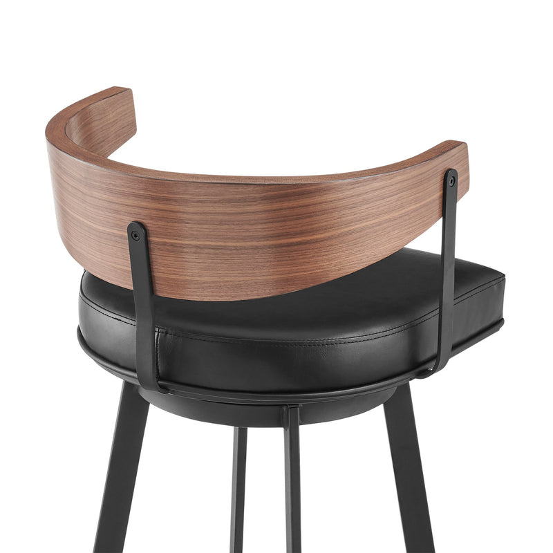 Lacey 26" Swivel Counter Stool in Black Iron with Walnut Finish and Vintage Black Faux Leather - Furniture City (CA)l