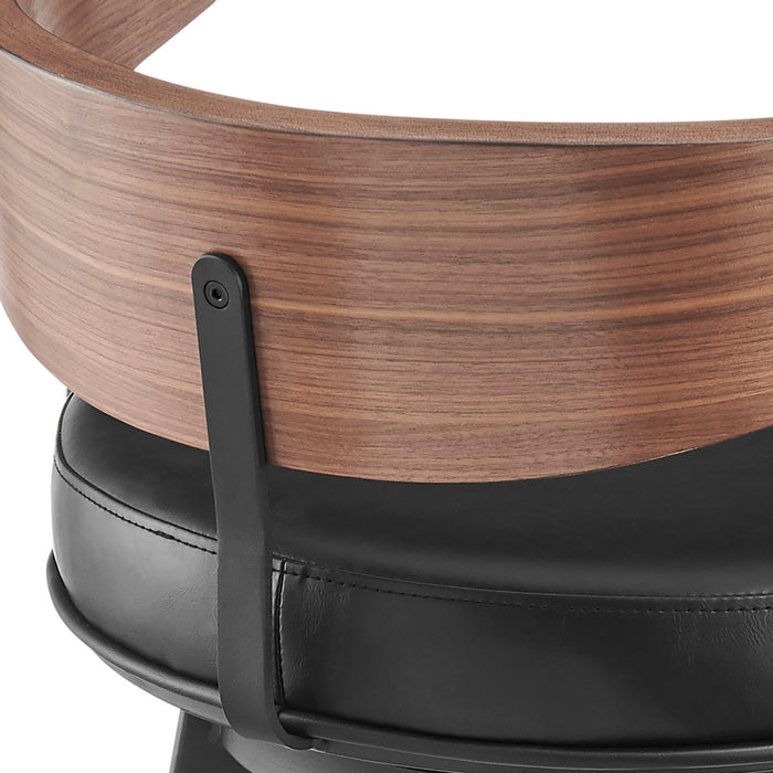 Lacey 26" Swivel Counter Stool in Black Iron with Walnut Finish and Vintage Black Faux Leather