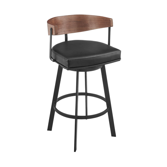 Lacey 30" Swivel Bar Stool in Black Iron with Walnut Finish and Vintage Black Faux Leather