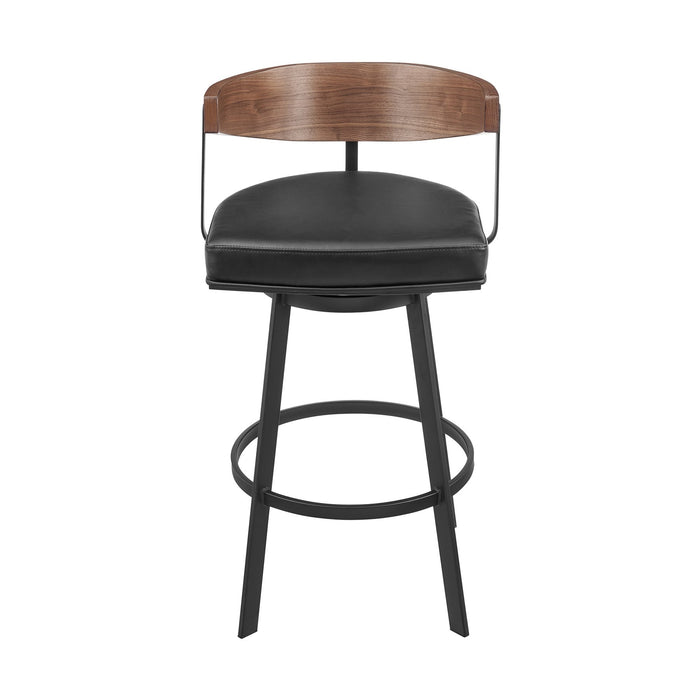 Lacey 30" Swivel Bar Stool in Black Iron with Walnut Finish and Vintage Black Faux Leather