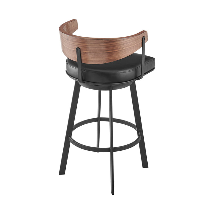 Lacey 30" Swivel Bar Stool in Black Iron with Walnut Finish and Vintage Black Faux Leather