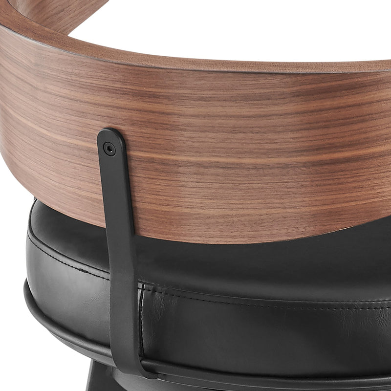 Lacey 30" Swivel Bar Stool in Black Iron with Walnut Finish and Vintage Black Faux Leather - Furniture City (CA)l