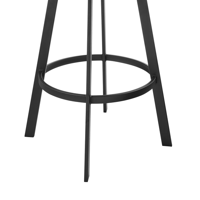 Lacey 30" Swivel Bar Stool in Black Iron with Walnut Finish and Vintage Black Faux Leather