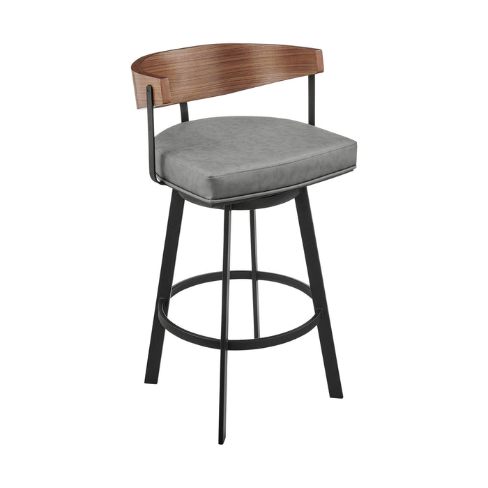 Lacey 26" Swivel Counter Stool in Black Iron with Walnut Finish and Vintage Gray Faux Leather