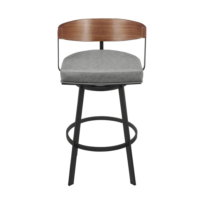 Lacey 26" Swivel Counter Stool in Black Iron with Walnut Finish and Vintage Gray Faux Leather