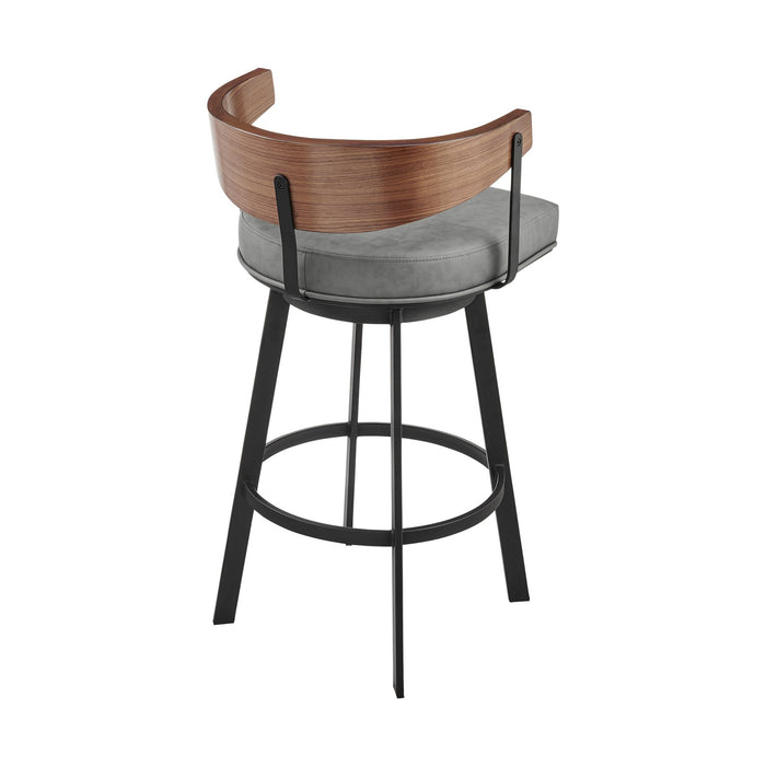 Lacey 26" Swivel Counter Stool in Black Iron with Walnut Finish and Vintage Gray Faux Leather