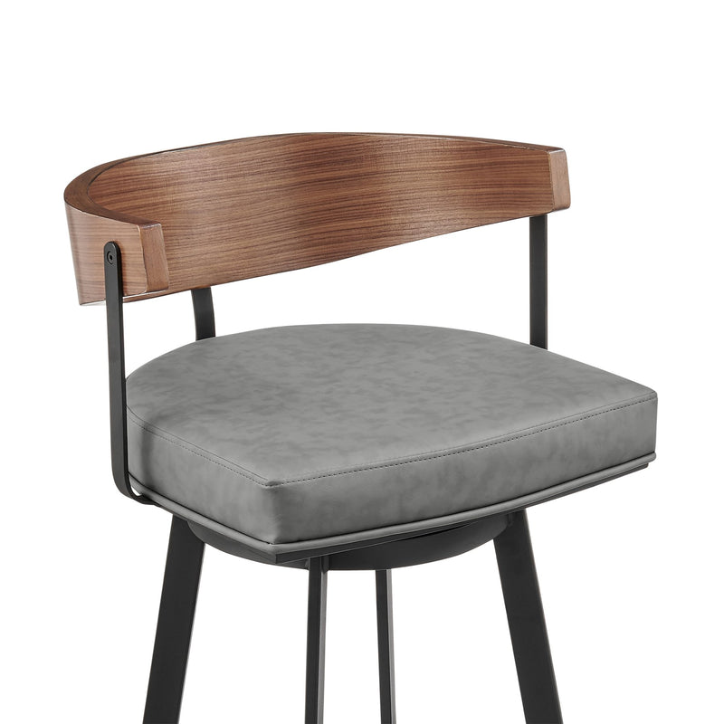 Lacey 26" Swivel Counter Stool in Black Iron with Walnut Finish and Vintage Gray Faux Leather - Furniture City (CA)l