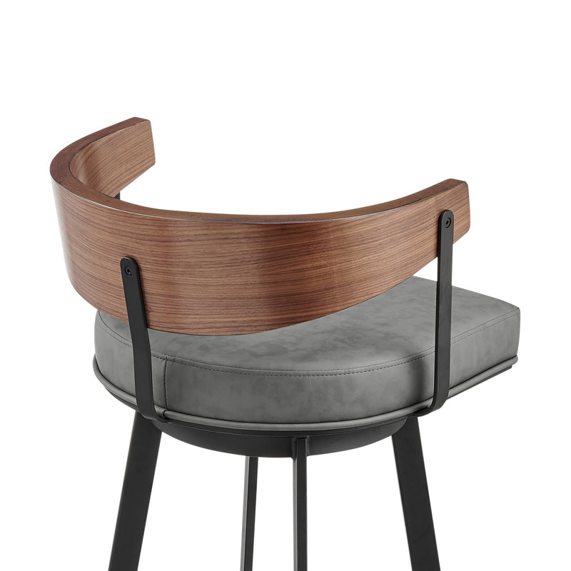 Lacey 26" Swivel Counter Stool in Black Iron with Walnut Finish and Vintage Gray Faux Leather - Furniture City (CA)l