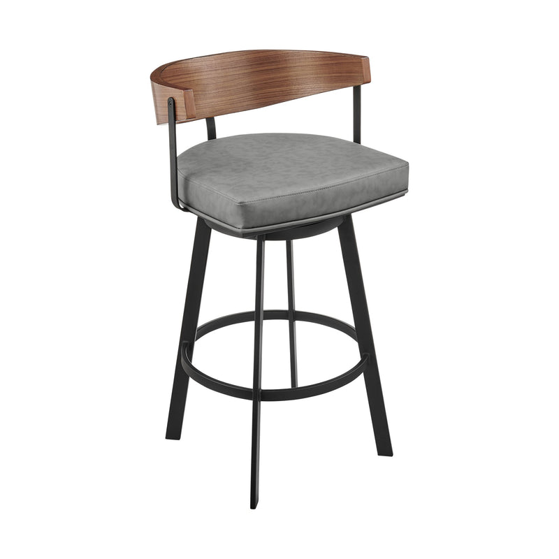Lacey 30" Swivel Bar Stool in Black Iron with Walnut Finish and Vintage Gray Faux Leather - Furniture City (CA)l