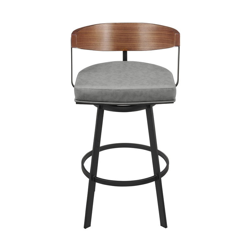 Lacey 30" Swivel Bar Stool in Black Iron with Walnut Finish and Vintage Gray Faux Leather - Furniture City (CA)l