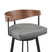 Lacey 30" Swivel Bar Stool in Black Iron with Walnut Finish and Vintage Gray Faux Leather - Furniture City (CA)l