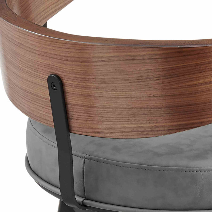 Lacey 30" Swivel Bar Stool in Black Iron with Walnut Finish and Vintage Gray Faux Leather