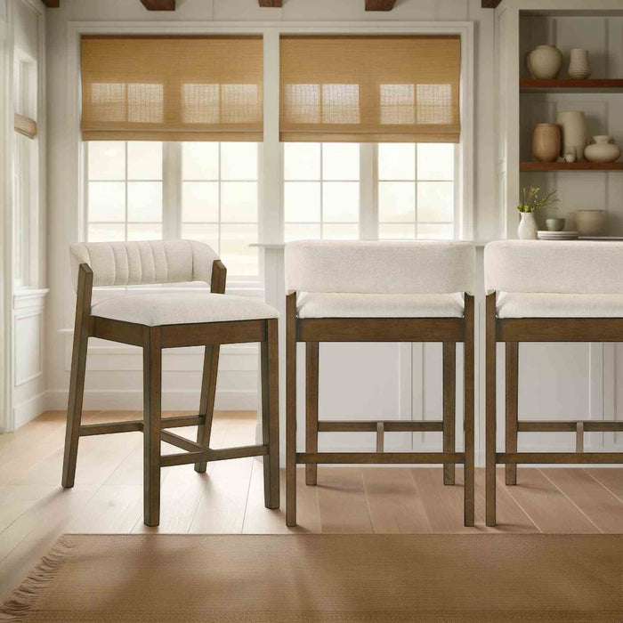 Landyn 30 in. Sepia Brown Bar Height Rubberwood Barstool with Ecru Fabric Seat