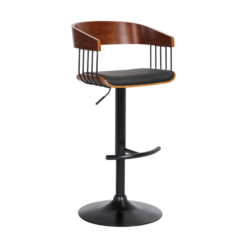 Larisa Adjustable Walnut Wood Bar Stool in Black Faux Leather with Black Metal - Furniture City (CA)l
