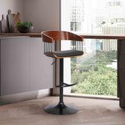 Larisa Adjustable Walnut Wood Bar Stool in Black Faux Leather with Black Metal - Furniture City (CA)l