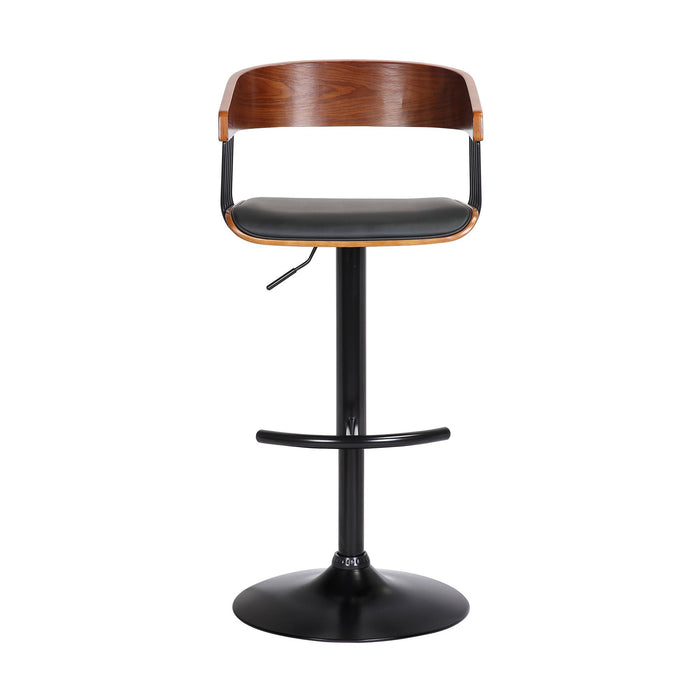 Larisa Adjustable Walnut Wood Bar Stool in Black Faux Leather with Black Metal