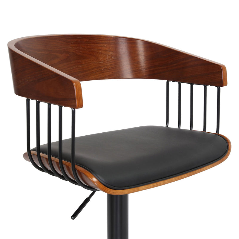 Larisa Adjustable Walnut Wood Bar Stool in Black Faux Leather with Black Metal - Furniture City (CA)l