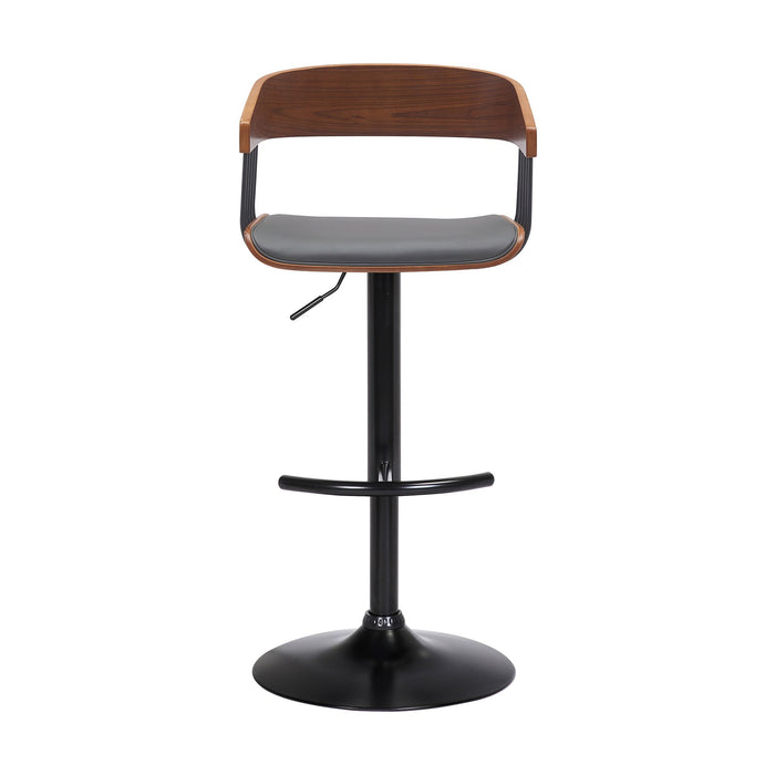 Larisa Adjustable Walnut Wood Bar Stool in Gray Faux Leather with Black Metal