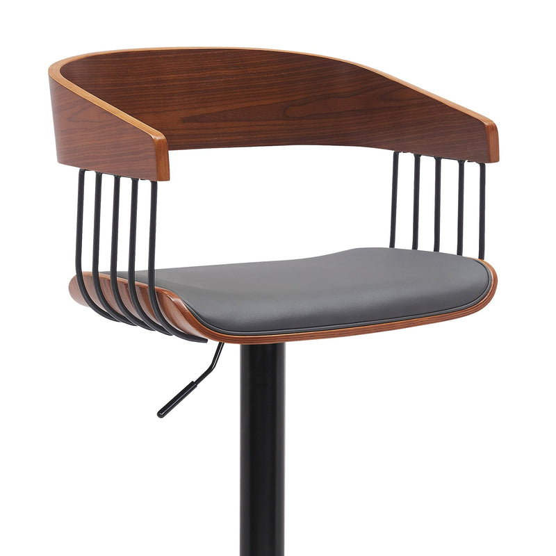 Larisa Adjustable Walnut Wood Bar Stool in Gray Faux Leather with Black Metal - Furniture City (CA)l