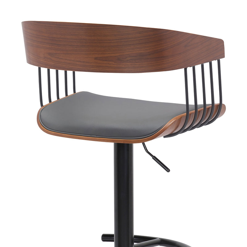 Larisa Adjustable Walnut Wood Bar Stool in Gray Faux Leather with Black Metal - Furniture City (CA)l
