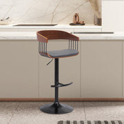 Larisa Adjustable Walnut Wood Bar Stool in Gray Faux Leather with Black Metal - Furniture City (CA)l