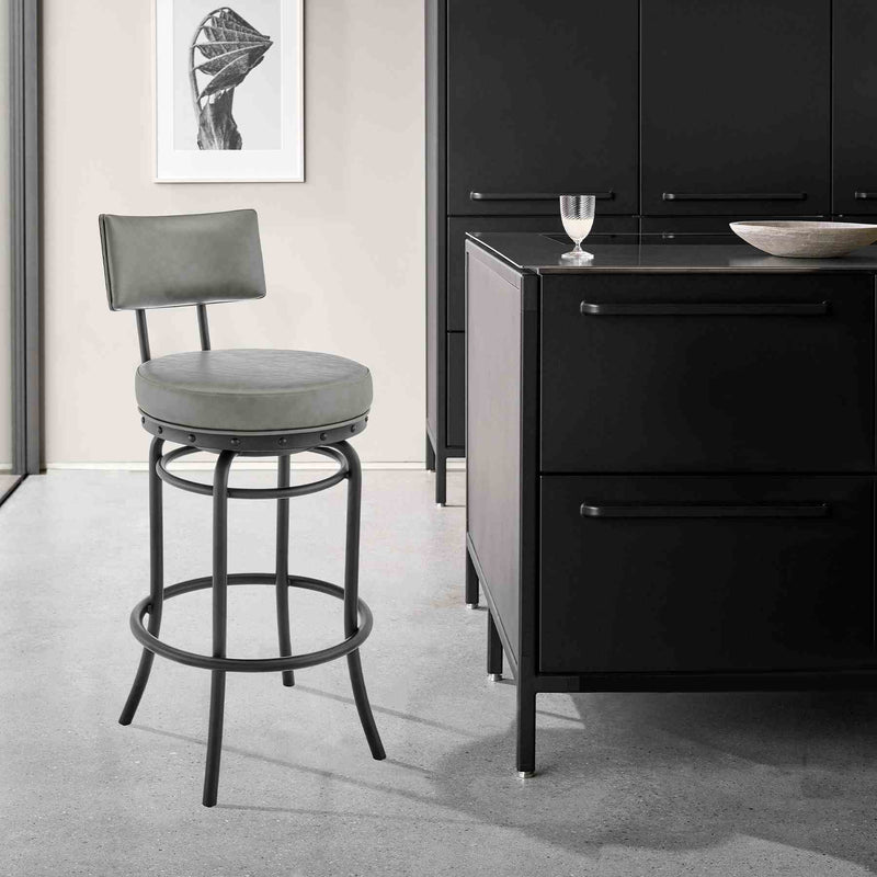 Leslie Swivel Counter or Bar Stool in Black Finish with Gray Faux Leather - Furniture City (CA)l