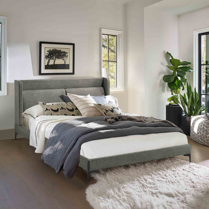 Legend Gray Fabric Queen Platform Bed with Black Metal Legs