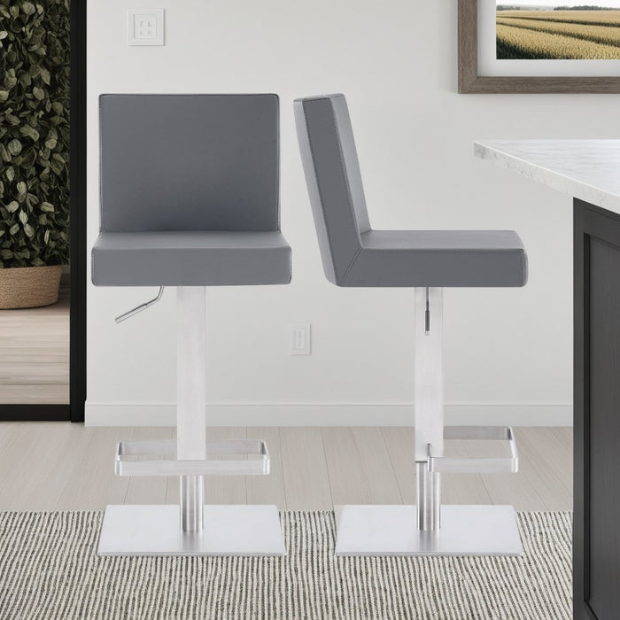 Legacy Adjustable Height Swivel Gray Faux Leather and Brushed Stainless Steel Bar Stool