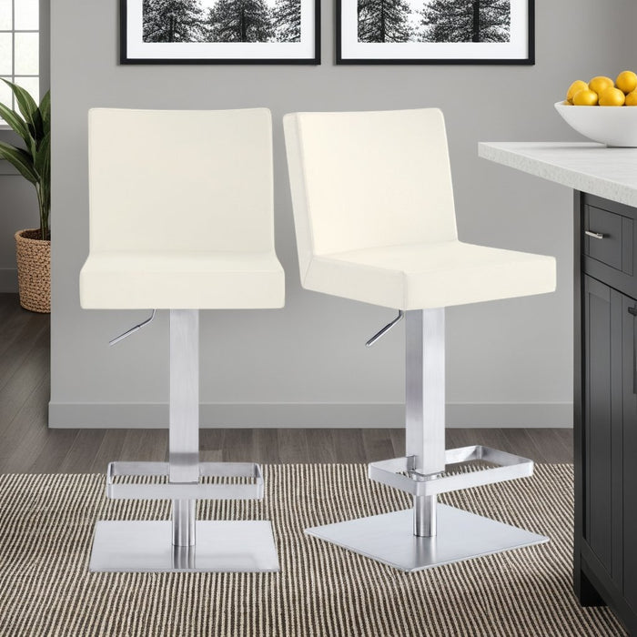 Legacy Adjustable Height Swivel Off-White Faux Leather and Brushed Stainless Steel Bar Stool