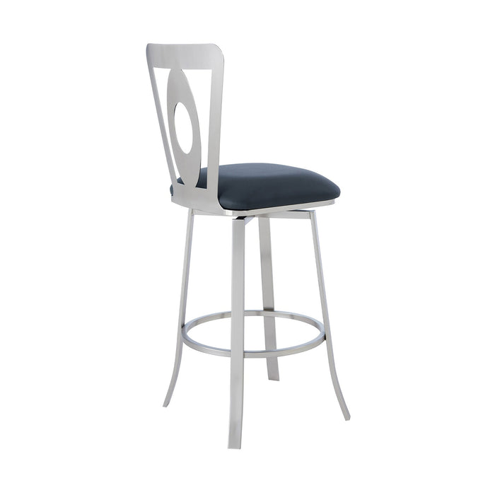 Lola Contemporary 30" Bar Height Barstool in Brushed Stainless Steel Finish and Gray Faux Leather