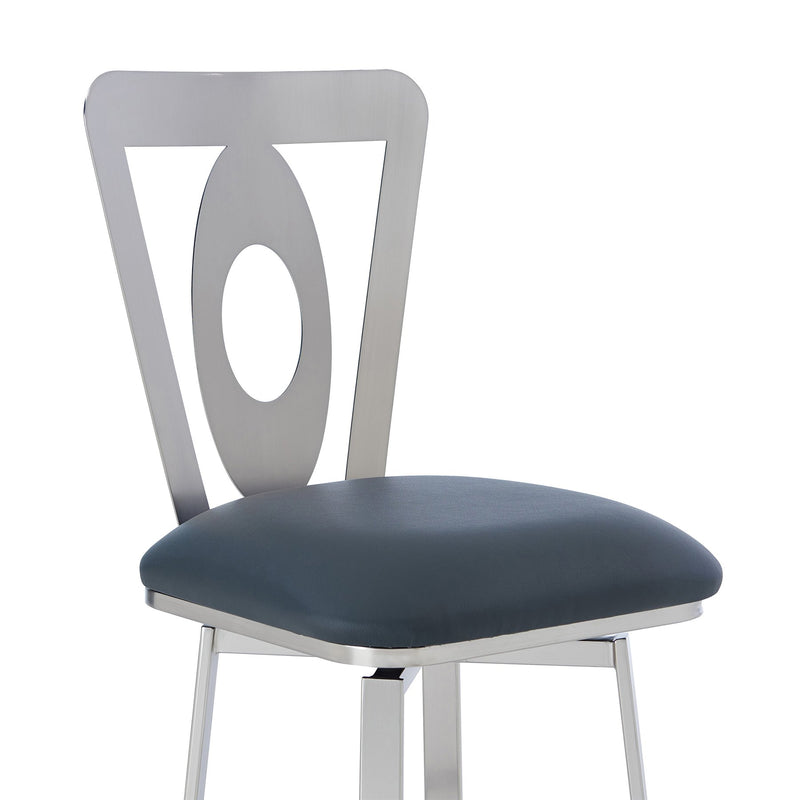 Lola Contemporary 30" Bar Height Barstool in Brushed Stainless Steel Finish and Gray Faux Leather - Furniture City (CA)l