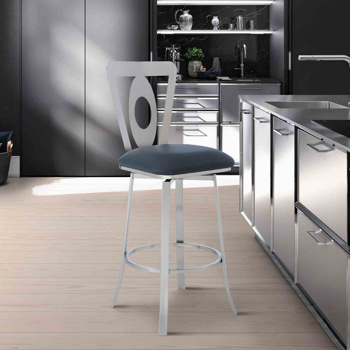 Lola Contemporary 30" Bar Height Barstool in Brushed Stainless Steel Finish and Gray Faux Leather