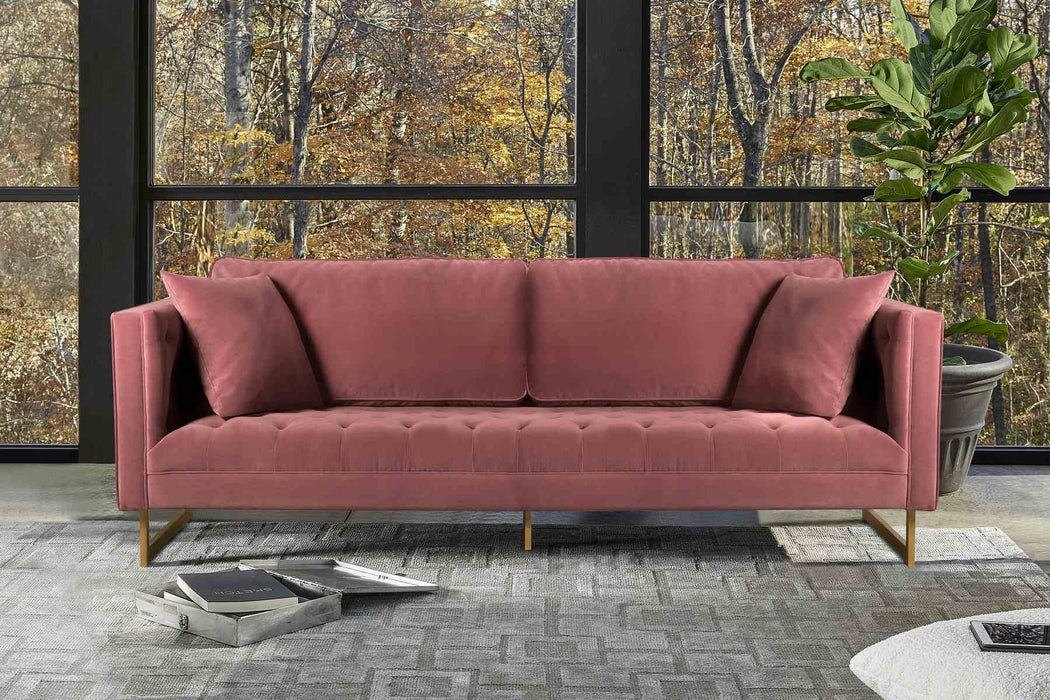 Lenox Pink Velvet Modern Sofa with Brass Legs
