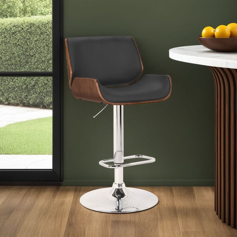 London Black Faux Leather Adjustable Height Swivel Walnut Wood and Chrome Bar Stool - Furniture City (CA)l