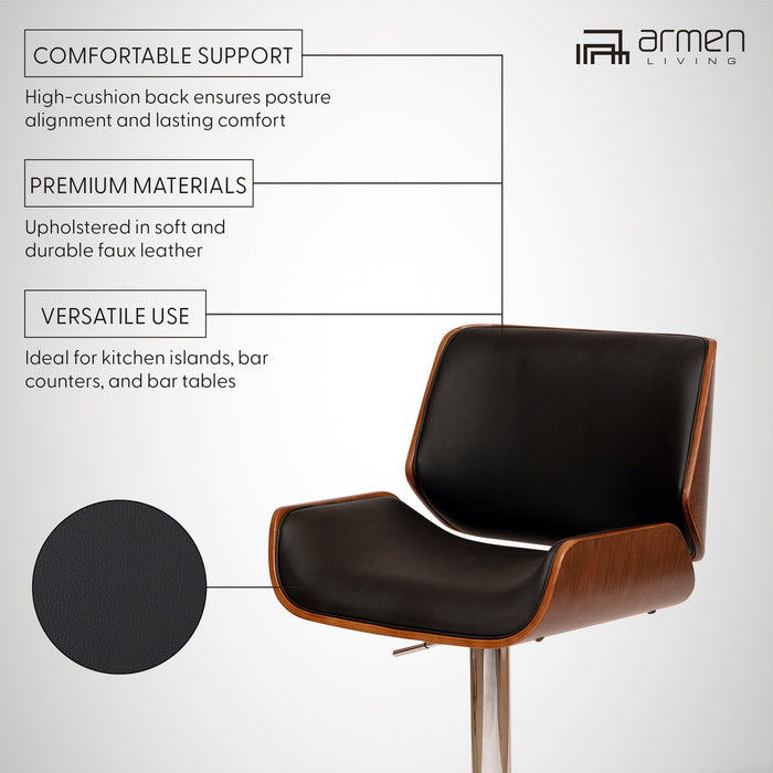 London Black Faux Leather Adjustable Height Swivel Walnut Wood and Chrome Bar Stool