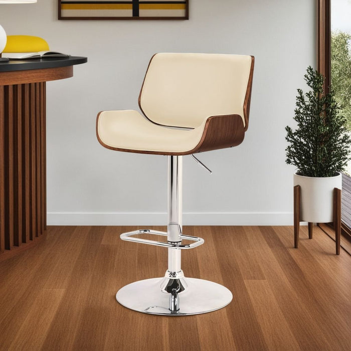 London Cream Faux Leather Adjustable Height Swivel Walnut Wood and Chrome Bar Stool