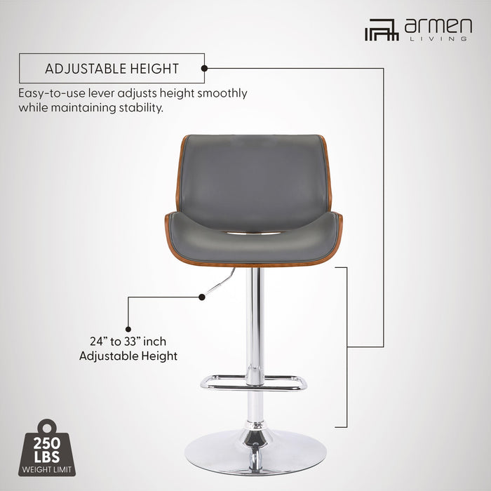 London Gray Faux Leather Adjustable Height Swivel Walnut Wood and Chrome Bar Stool