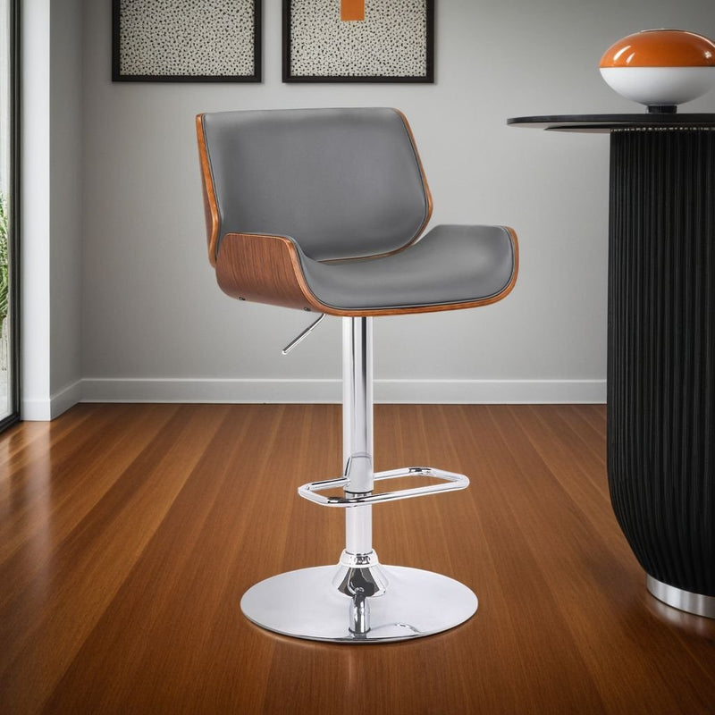 London Gray Faux Leather Adjustable Height Swivel Walnut Wood and Chrome Bar Stool - Furniture City (CA)l