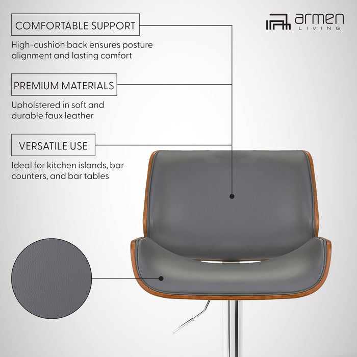 London Gray Faux Leather Adjustable Height Swivel Walnut Wood and Chrome Bar Stool
