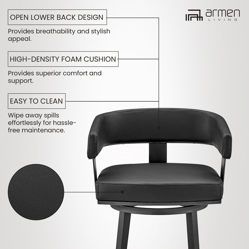 Lorin 30" Bar Height Swivel Bar Stool in Black Finish and Black Faux Leather - Furniture City (CA)l