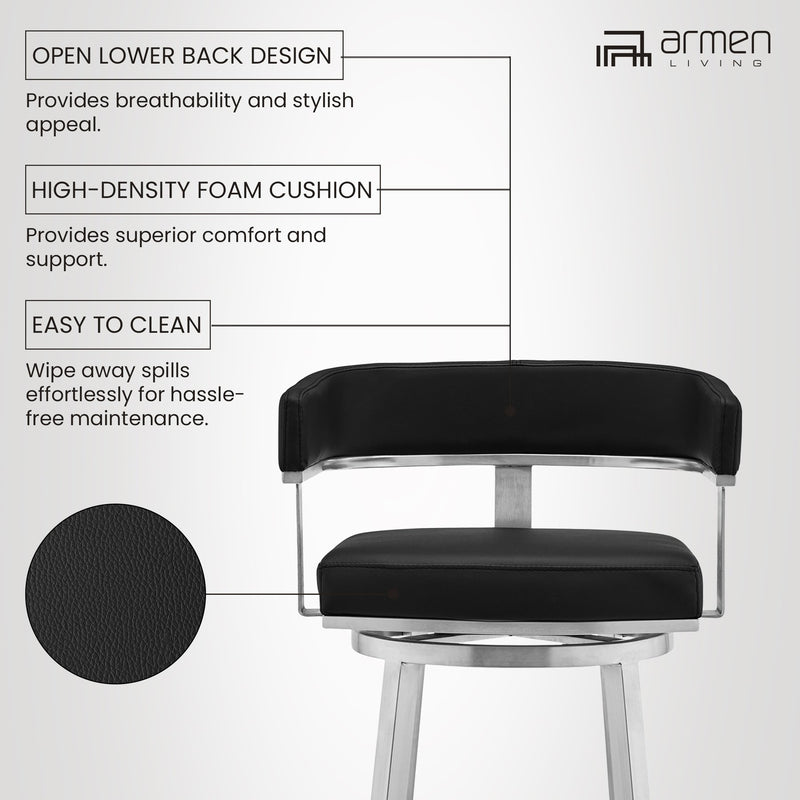 Lorin 30" Black Faux Leather and Brushed Stainless Steel Swivel Bar Stool - Furniture City (CA)l