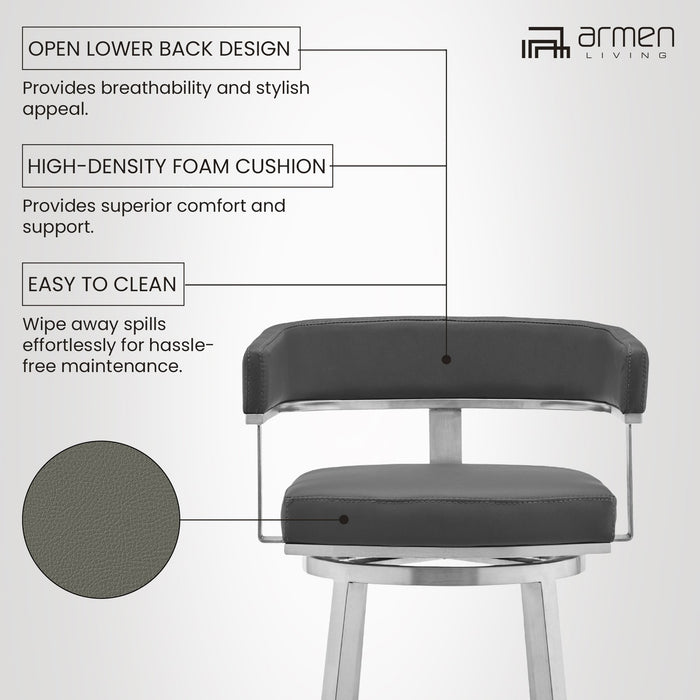 Lorin 26" Gray Faux Leather and Brushed Stainless Steel Swivel Bar Stool