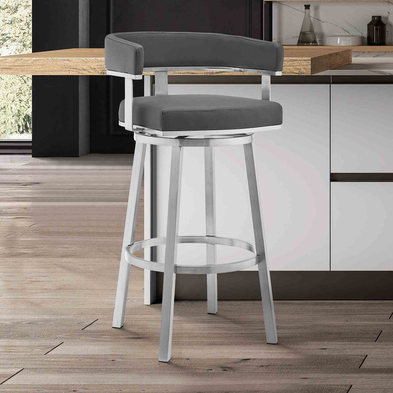 Lorin 30" Gray Faux Leather and Brushed Stainless Steel Swivel Bar Stool - Furniture City (CA)l