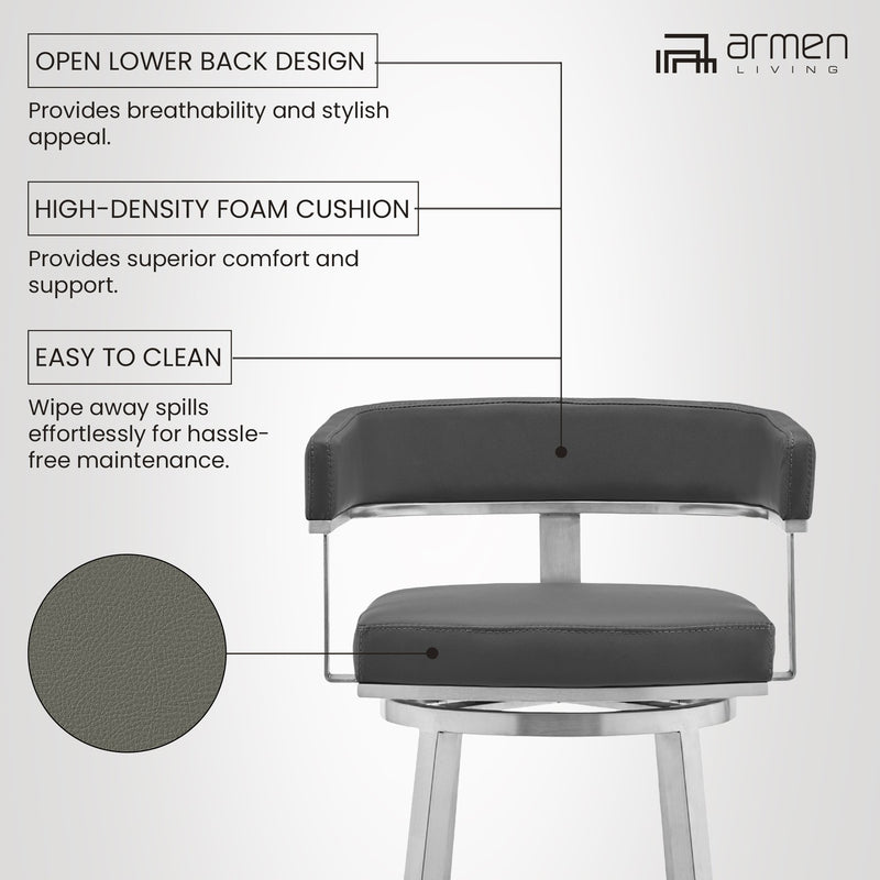 Lorin 30" Gray Faux Leather and Brushed Stainless Steel Swivel Bar Stool - Furniture City (CA)l