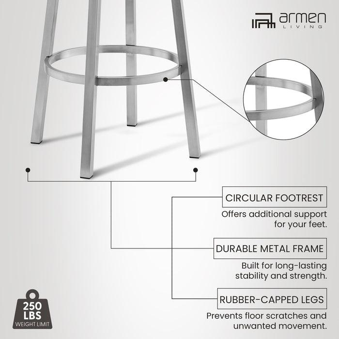 Lorin 26" White Faux Leather and Brushed Stainless Steel Swivel Bar Stool